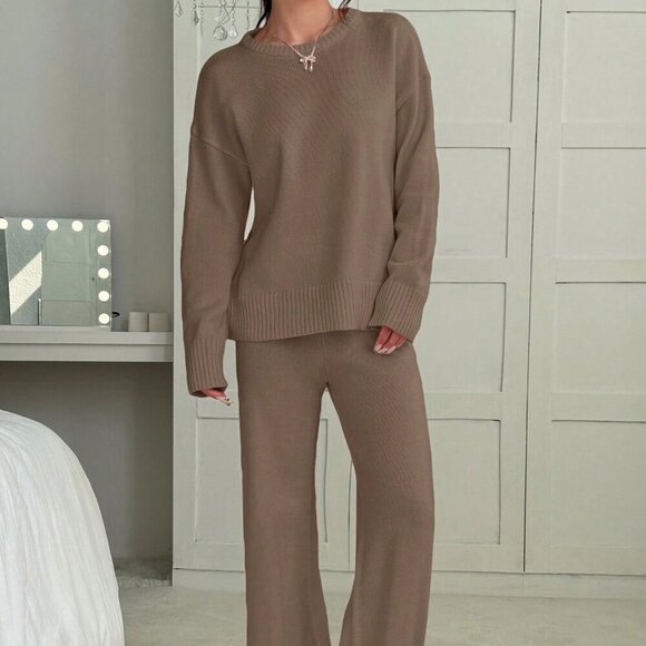 Brown Casual Women's Crew Neck Long Sleeve Sweater And Long Pants Set - Picture 5 of 6